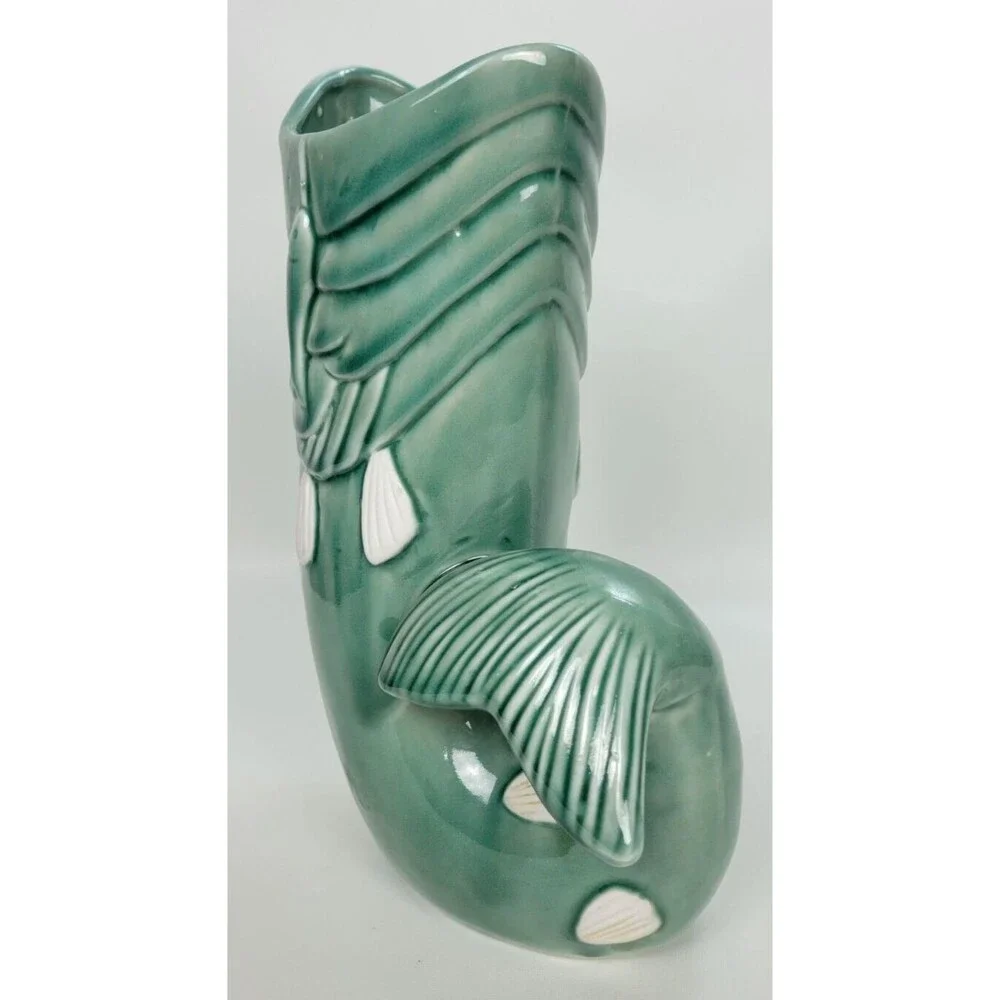 Large Green Ceramic Largemouth Bass‎ Fishing Fish Vase 12